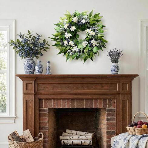 22 Inch Blueberry Spring Summer Wreath for Front Door, Artificial Wreath with Blue Berries and White Blossoms, Modern Farmhouse Wall Wedding Home Outdoor Decor, Year Round All Season Greenery Wreath in Saudi Arabia