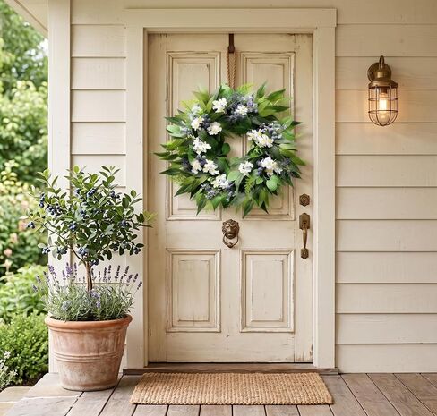 22 Inch Blueberry Spring Summer Wreath for Front Door, Artificial Wreath with Blue Berries and White Blossoms, Modern Farmhouse Wall Wedding Home Outdoor Decor, Year Round All Season Greenery Wreath in Saudi Arabia