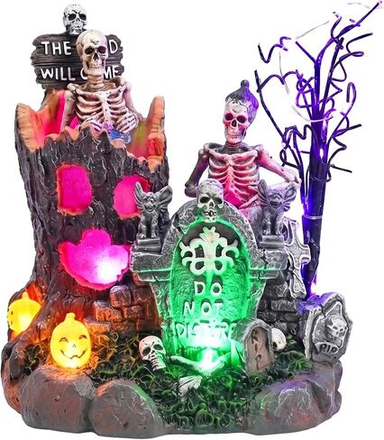 Valery Madelyn Halloween Decorations, Lighted Halloween Village with Music and LED Lights, Resin Spooky Tree and Skeleton Gravestones Scene Haunted House for Home and Party Table Desk Mantel, 8 Inch in Kuwait