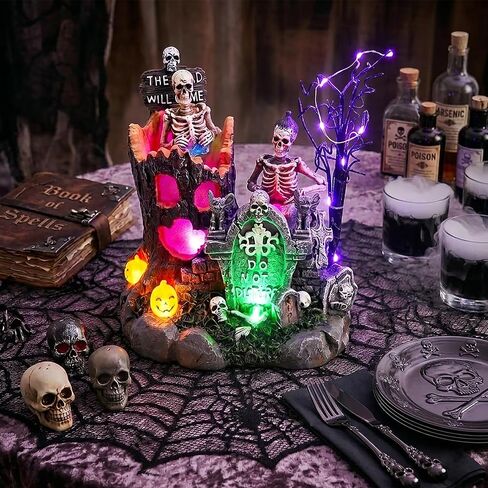 Valery Madelyn Halloween Decorations, Lighted Halloween Village with Music and LED Lights, Resin Spooky Tree and Skeleton Gravestones Scene Haunted House for Home and Party Table Desk Mantel, 8 Inch in Kuwait