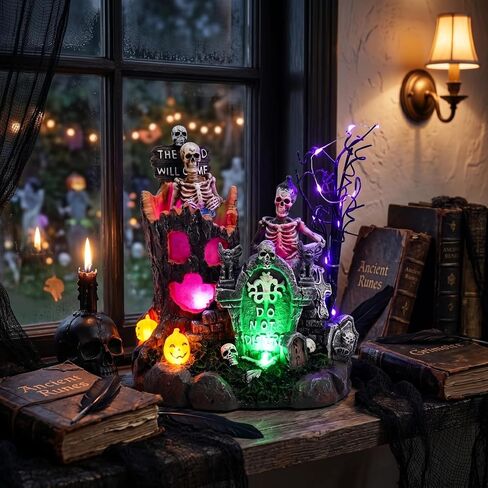 Valery Madelyn Halloween Decorations, Lighted Halloween Village with Music and LED Lights, Resin Spooky Tree and Skeleton Gravestones Scene Haunted House for Home and Party Table Desk Mantel, 8 Inch in Kuwait