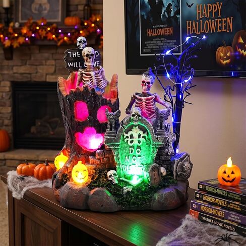Valery Madelyn Halloween Decorations, Lighted Halloween Village with Music and LED Lights, Resin Spooky Tree and Skeleton Gravestones Scene Haunted House for Home and Party Table Desk Mantel, 8 Inch in Kuwait