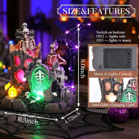 Valery Madelyn Halloween Decorations, Lighted Halloween Village with Music and LED Lights, Resin Spooky Tree and Skeleton Gravestones Scene Haunted House for Home and Party Table Desk Mantel, 8 Inch in Kuwait