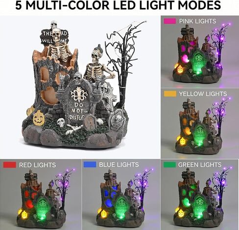 Valery Madelyn Halloween Decorations, Lighted Halloween Village with Music and LED Lights, Resin Spooky Tree and Skeleton Gravestones Scene Haunted House for Home and Party Table Desk Mantel, 8 Inch in Kuwait