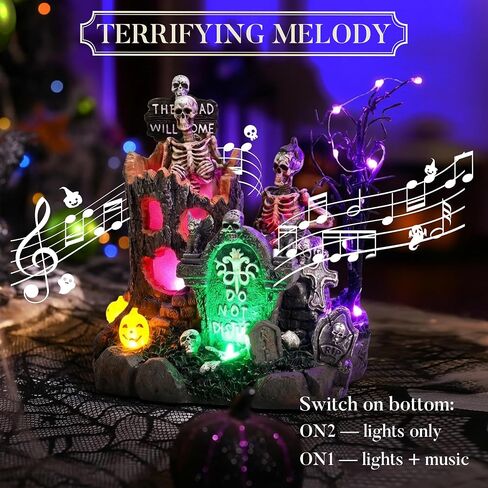 Valery Madelyn Halloween Decorations, Lighted Halloween Village with Music and LED Lights, Resin Spooky Tree and Skeleton Gravestones Scene Haunted House for Home and Party Table Desk Mantel, 8 Inch in Kuwait