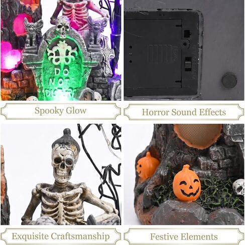 Valery Madelyn Halloween Decorations, Lighted Halloween Village with Music and LED Lights, Resin Spooky Tree and Skeleton Gravestones Scene Haunted House for Home and Party Table Desk Mantel, 8 Inch in Kuwait