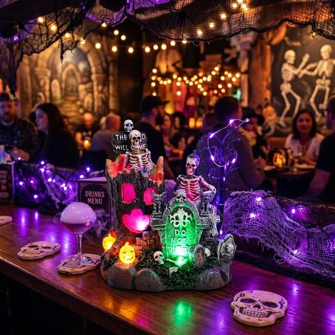 Valery Madelyn Halloween Decorations, Lighted Halloween Village with Music and LED Lights, Resin Spooky Tree and Skeleton Gravestones Scene Haunted House for Home and Party Table Desk Mantel, 8 Inch in Kuwait