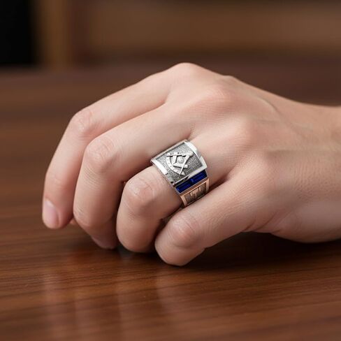 US Jewels Men's Past Master 925 Sterling Silver Synthetic Sapphire Freemason Masonic Ring, 8 thru 14 in Kuwait