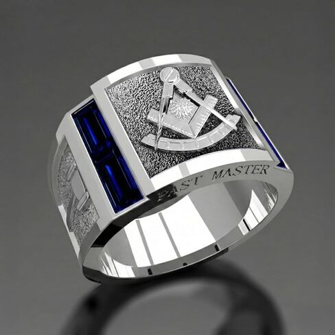 US Jewels Men's Past Master 925 Sterling Silver Synthetic Sapphire Freemason Masonic Ring, 8 thru 14 in Kuwait