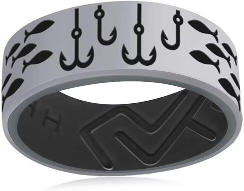 Silicone Rings for Men and Women, Fishing Fish Hook Rubber Wedding Bands, 8mm Wide Dual Color Breathable Sport Ring, Unique Fisherman Outdoor Sport Ring in Saudi Arabia