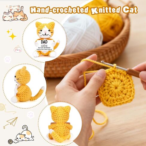 Funny Cat Fathers Day Dad Gifts from Daughter Son Kids Wife, Father's Day Birthday Gifts for New Step Bonus Dad Father in Law, Cool Things Cute Stuff Small Presents for Daddy, Mini Happy Crochet Cat in Kuwait