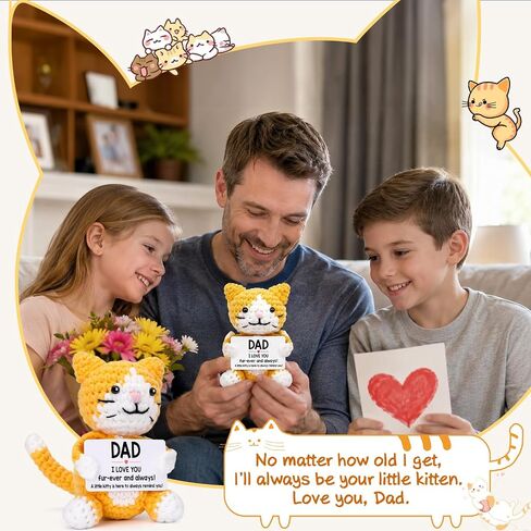 Funny Cat Fathers Day Dad Gifts from Daughter Son Kids Wife, Father's Day Birthday Gifts for New Step Bonus Dad Father in Law, Cool Things Cute Stuff Small Presents for Daddy, Mini Happy Crochet Cat in Kuwait