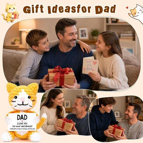 Funny Cat Fathers Day Dad Gifts from Daughter Son Kids Wife, Father's Day Birthday Gifts for New Step Bonus Dad Father in Law, Cool Things Cute Stuff Small Presents for Daddy, Mini Happy Crochet Cat in Kuwait