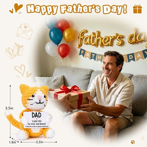 Funny Cat Fathers Day Dad Gifts from Daughter Son Kids Wife, Father's Day Birthday Gifts for New Step Bonus Dad Father in Law, Cool Things Cute Stuff Small Presents for Daddy, Mini Happy Crochet Cat in Kuwait