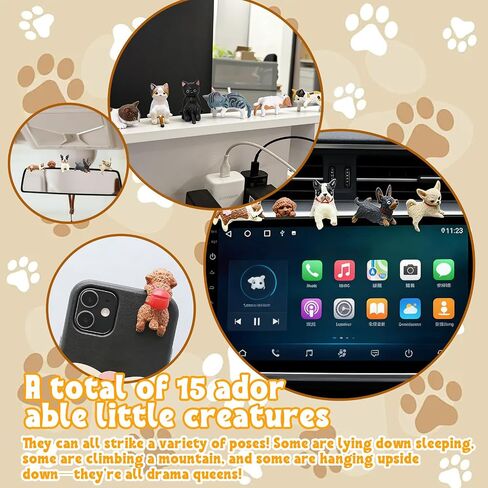 15 Pack Mini Cat Desk Figurines, Mini Dog Desk Figurines, Computer Monitor Decor for Rearview Mirror Desk Decorations Funny Car Present Interior Decors in Kuwait