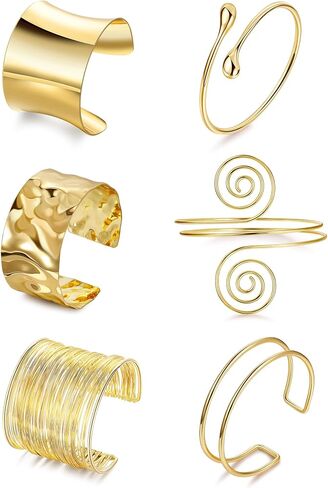 6 Pieces Upper Arm Cuff Arm Band Cuff Bangle Bracelet for Women Hammered Chunky Bracelets Open Wide Wire Bracelets Minimalist Coil Bangle Set Gold Sliver Wrist Cuff Wrap Bracelet Adjustable in Saudi Arabia
