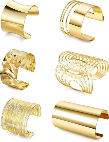 6 Pieces Upper Arm Cuff Arm Band Cuff Bangle Bracelet for Women Hammered Chunky Bracelets Open Wide Wire Bracelets Minimalist Coil Bangle Set Gold Sliver Wrist Cuff Wrap Bracelet Adjustable in Saudi Arabia
