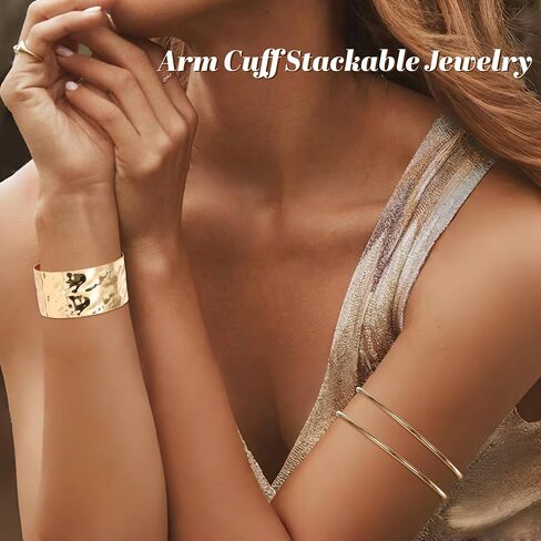 6 Pieces Upper Arm Cuff Arm Band Cuff Bangle Bracelet for Women Hammered Chunky Bracelets Open Wide Wire Bracelets Minimalist Coil Bangle Set Gold Sliver Wrist Cuff Wrap Bracelet Adjustable in Saudi Arabia