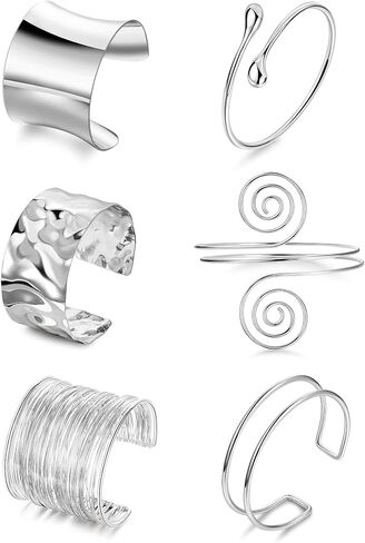 6 Pieces Upper Arm Cuff Arm Band Cuff Bangle Bracelet for Women Hammered Chunky Bracelets Open Wide Wire Bracelets Minimalist Coil Bangle Set Gold Sliver Wrist Cuff Wrap Bracelet Adjustable in Saudi Arabia