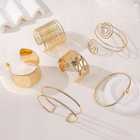 6 Pieces Upper Arm Cuff Arm Band Cuff Bangle Bracelet for Women Hammered Chunky Bracelets Open Wide Wire Bracelets Minimalist Coil Bangle Set Gold Sliver Wrist Cuff Wrap Bracelet Adjustable in Saudi Arabia