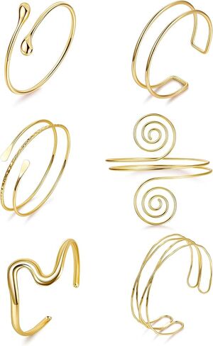 6 Pieces Upper Arm Cuff Arm Band Cuff Bangle Bracelet for Women Hammered Chunky Bracelets Open Wide Wire Bracelets Minimalist Coil Bangle Set Gold Sliver Wrist Cuff Wrap Bracelet Adjustable in Saudi Arabia