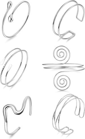 6 Pieces Upper Arm Cuff Arm Band Cuff Bangle Bracelet for Women Hammered Chunky Bracelets Open Wide Wire Bracelets Minimalist Coil Bangle Set Gold Sliver Wrist Cuff Wrap Bracelet Adjustable in Saudi Arabia