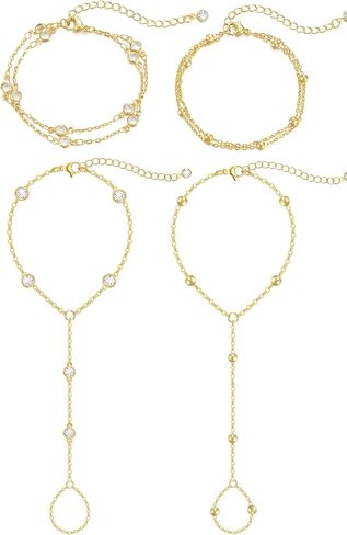 4PCS 14K Gold Plated Hand Chain Bracelet for Women, Dainty Stackable Ring Bracelet Set with Cubic Zirconia, Adjustable Hand Jewelry for Beach, Summer Vacation, Elegant Gift for Women in Saudi Arabia
