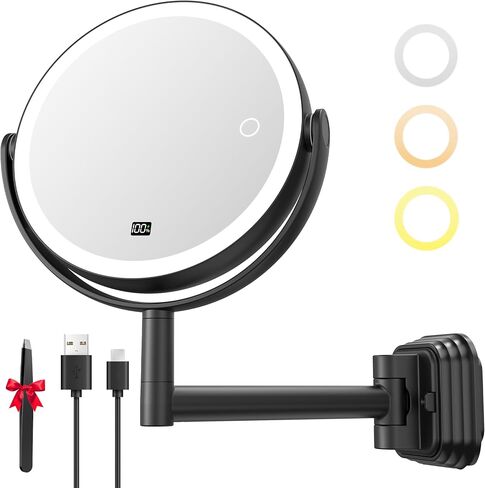 Auxmir No Drilling Wall Mounted Lighted Makeup Mirror, 7" 1X/30X Double Sided Magnifying Mirror with Light, Rechargeable Vanity Mirror with 3 Color Dimmable Lights & Display for Bathroom, Bedroom in Saudi Arabia