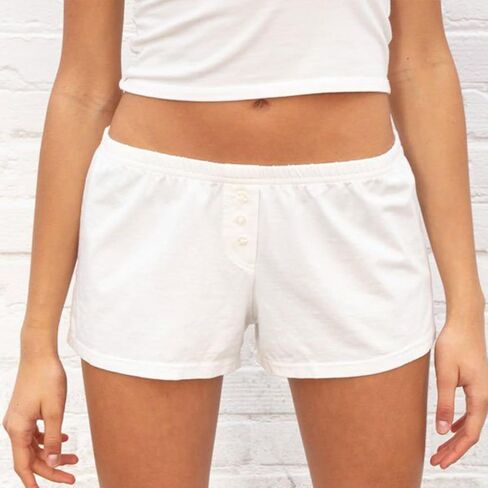 Cute Pajama Shorts for Women Y2K Sexy Low Rise Lounge Floral Shorts Comfy Striped Button Boxers Pj Bottoms Sleepwear (A Solid Ivory, M) in Kuwait