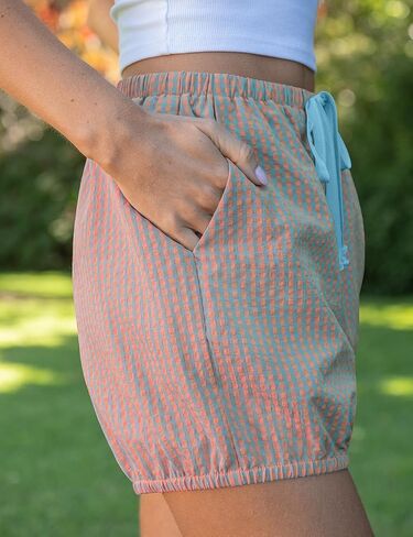 TARSE Women Balloon Casual Shorts Gingham Striped Drawstring Cute Summer Loose Fit Lounge Shorts Y2K Beach Bottoms in Kuwait