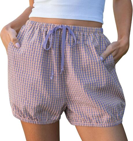 TARSE Women Balloon Casual Shorts Gingham Striped Drawstring Cute Summer Loose Fit Lounge Shorts Y2K Beach Bottoms in Kuwait