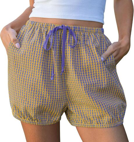 TARSE Women Balloon Casual Shorts Gingham Striped Drawstring Cute Summer Loose Fit Lounge Shorts Y2K Beach Bottoms in Kuwait