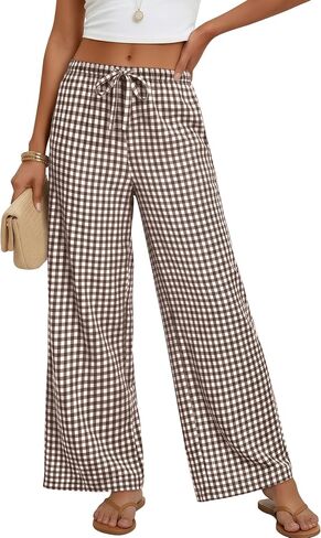 Xaatren Women's Gingham Pants 80% Cotton Striped Plaid Pajamas Elastic Waist Lounge Bottoms Casual Summer with Pockets in Kuwait