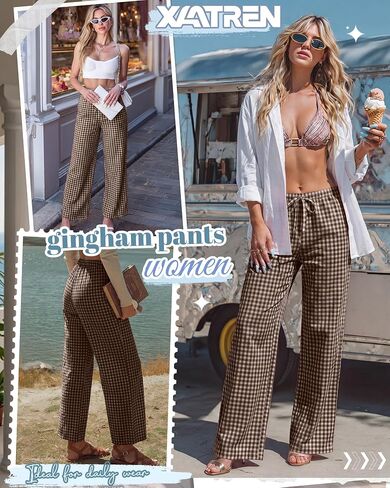 Xaatren Women's Gingham Pants 80% Cotton Striped Plaid Pajamas Elastic Waist Lounge Bottoms Casual Summer with Pockets in Kuwait