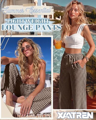 Xaatren Women's Gingham Pants 80% Cotton Striped Plaid Pajamas Elastic Waist Lounge Bottoms Casual Summer with Pockets in Kuwait