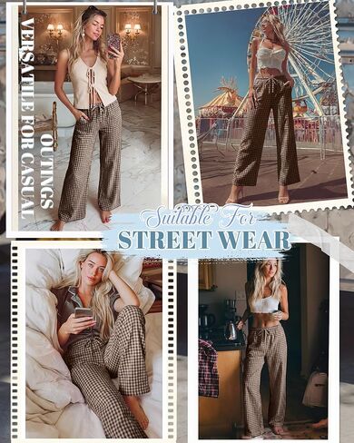 Xaatren Women's Gingham Pants 80% Cotton Striped Plaid Pajamas Elastic Waist Lounge Bottoms Casual Summer with Pockets in Kuwait