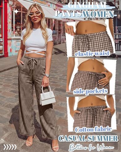 Xaatren Women's Gingham Pants 80% Cotton Striped Plaid Pajamas Elastic Waist Lounge Bottoms Casual Summer with Pockets in Kuwait