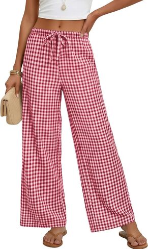 Xaatren Women's Gingham Pants 80% Cotton Striped Plaid Pajamas Elastic Waist Lounge Bottoms Casual Summer with Pockets in Kuwait