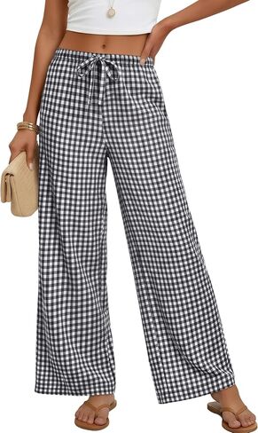 Xaatren Women's Gingham Pants 80% Cotton Striped Plaid Pajamas Elastic Waist Lounge Bottoms Casual Summer with Pockets in Kuwait