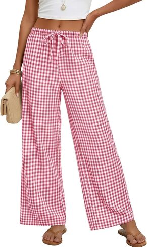 Xaatren Women's Gingham Pants 80% Cotton Striped Plaid Pajamas Elastic Waist Lounge Bottoms Casual Summer with Pockets in Kuwait