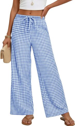 Xaatren Women's Gingham Pants 80% Cotton Striped Plaid Pajamas Elastic Waist Lounge Bottoms Casual Summer with Pockets in Kuwait