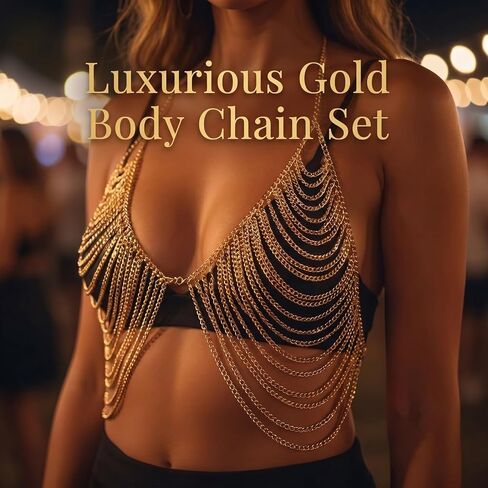 2 Pack Body Chain Bra, Chain Bra Top With Waist Chain, Gold Accessories For Women, Rave Outfit, Festival Clothes, Party Costume in Saudi Arabia