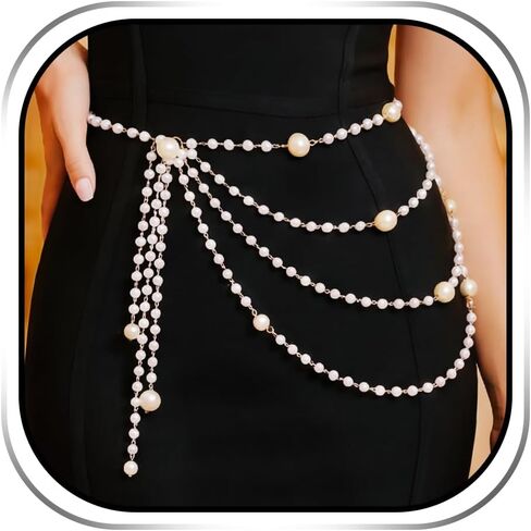 Yonamix Pearl Belt Silver Layered Waist Chain Belts for Women | Prom Pearl Body Chain Jewelry in Saudi Arabia