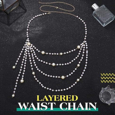 Yonamix Pearl Belt Silver Layered Waist Chain Belts for Women | Prom Pearl Body Chain Jewelry in Saudi Arabia