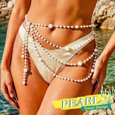 Yonamix Pearl Belt Silver Layered Waist Chain Belts for Women | Prom Pearl Body Chain Jewelry in Saudi Arabia