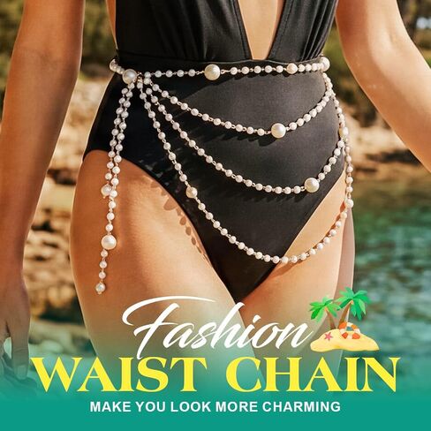 Yonamix Pearl Belt Silver Layered Waist Chain Belts for Women | Prom Pearl Body Chain Jewelry in Saudi Arabia