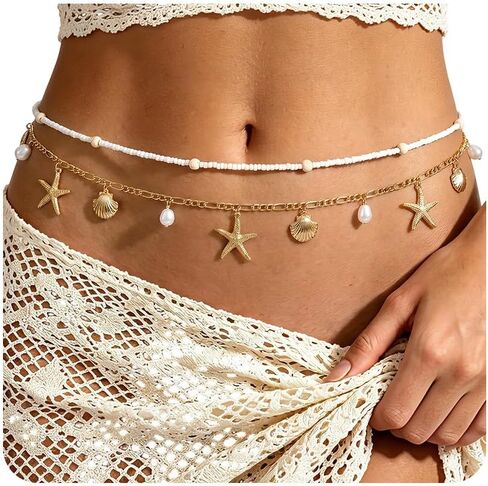 Waist Chain for Women,Waist Beads Adjustable Gold Belly Chain Sexy Body Chains,Shell Beads Pearl Waist Jewelry Beach Bikini Accessories in Saudi Arabia