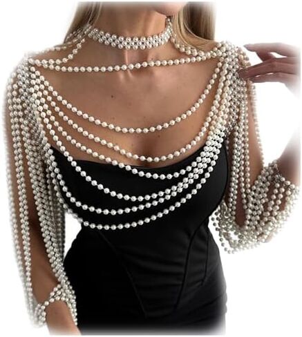 Multi-Layered Pearl Shoulder Body Chain for Women,White Pearl Fringe Shawl Necklace,Summer Beach Beaded Tassel Shoulder Jewelry for Wedding Prom Party Dresses in Kuwait