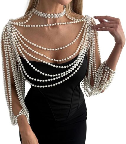 Multi-Layered Pearl Shoulder Body Chain for Women,White Pearl Fringe Shawl Necklace,Summer Beach Beaded Tassel Shoulder Jewelry for Wedding Prom Party Dresses in Kuwait