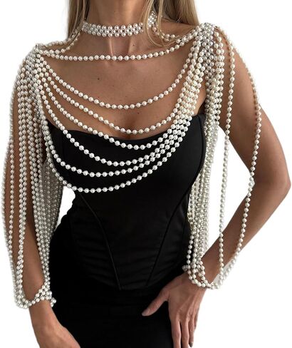 Multi-Layered Pearl Shoulder Body Chain for Women,White Pearl Fringe Shawl Necklace,Summer Beach Beaded Tassel Shoulder Jewelry for Wedding Prom Party Dresses in Kuwait